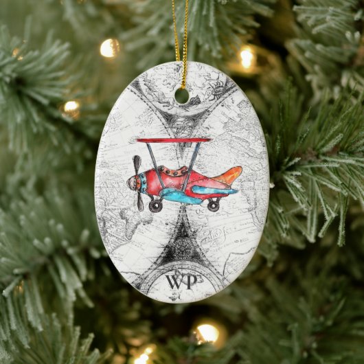 イニシャルパーソナライズされた、ヴィンテージマップ、レトロ機 セラミックオーナメント (ツリー)