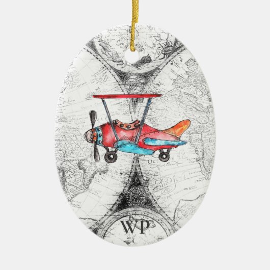 イニシャルパーソナライズされた、ヴィンテージマップ、レトロ機 セラミックオーナメント (正面)