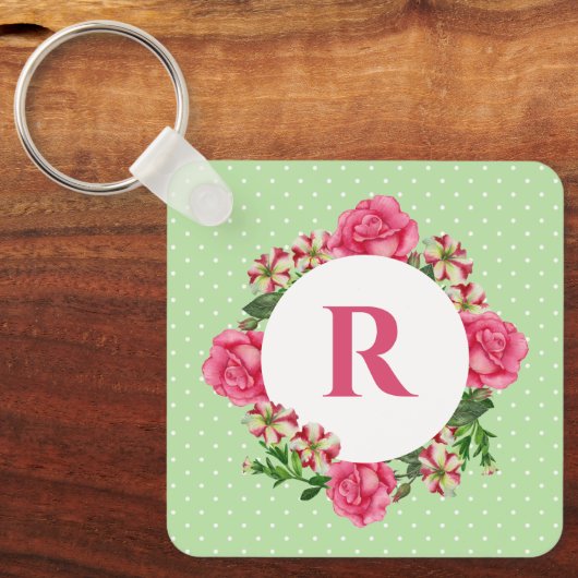 イニシャルピンクローズレッドホワイトペチュニア水玉模様 キーホルダー (正面)