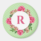 イニシャルピンクローズレッドホワイトペチュニア水玉模様 マグネット (正面)