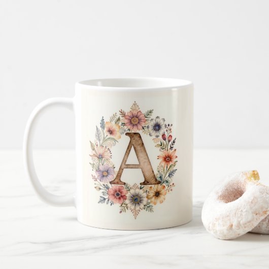 イニシャルフラワーボホフラワーマグ コーヒーマグカップ (ドーナツ)