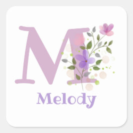 イニシャルプラスネーム&フラワーズデザインスクエアステッカー スクエアシール