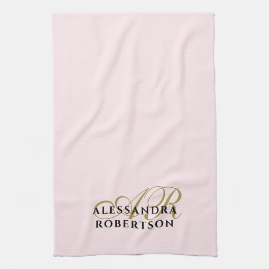 イニシャルミニマリストパステルピンク金ゴールドブラックスタイリッシュ キッチンタオル (縦)