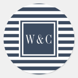 イニシャルモダンズモノグラムネイビーブルーホワイトストライプ ラウンドシール