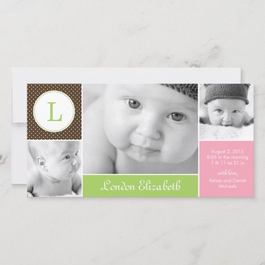 イニシャルモダンベビーガール誕生のお知らせ 案内状 (正面)