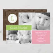 イニシャルモダン出産のお知らせ-ピンク 案内状 (正面/裏面)