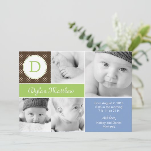 イニシャルモダン Birthのお知らせ-青 案内状 (スタンド正面)