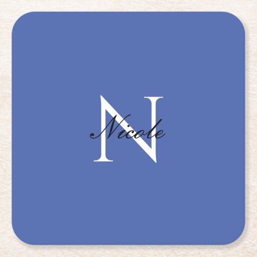 イニシャルモノグラムの手書き独自の名前ブルー スクエアペーパーコースター (正面)