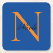 イニシャルモノグラムの手書き独自の名前深い青 スクエアペーパーコースター (正面)