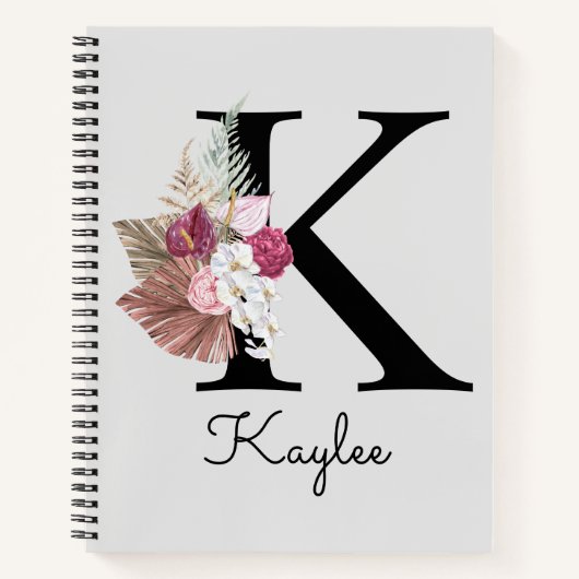 イニシャルモノグラムのKピンクボホフローラ ノートブック (正面)