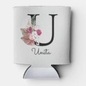 イニシャルモノグラムのUピンクボホガーリーフローラ 缶クーラー (正面)