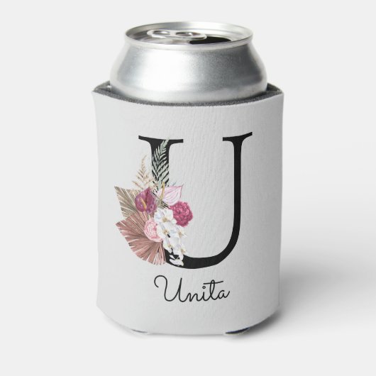 イニシャルモノグラムのUピンクボホガーリーフローラ 缶クーラー (缶裏面)