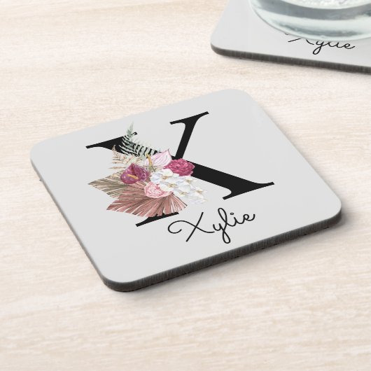 イニシャルモノグラムのXピンクボホフローラ コースター (左側)