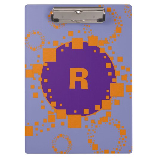 イニシャルモノグラムパープルオレンジスクウェアズサークルアート クリップボード (正面)