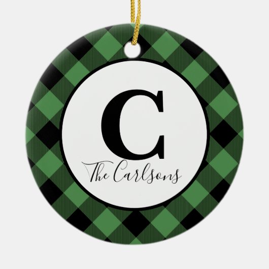 イニシャルモノグラムフォトグリーンブラックバッファロープレイド セラミックオーナメント (正面)