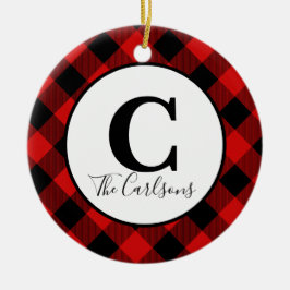 イニシャルモノグラム写真レッドブラックバッファロープレイド セラミックオーナメント