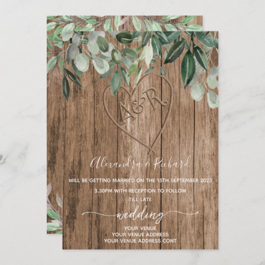 イニシャルモノグラム木工効果彫り木 招待状 (正面/裏面)