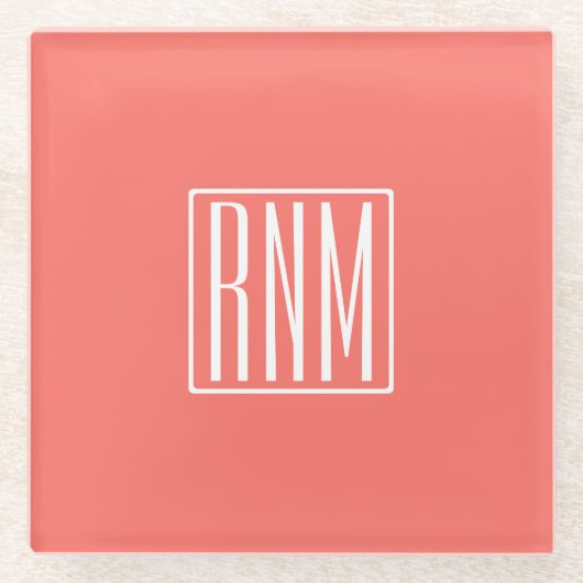 イニシャルモノグラム |サンゴに白 ガラスコースター (正面)