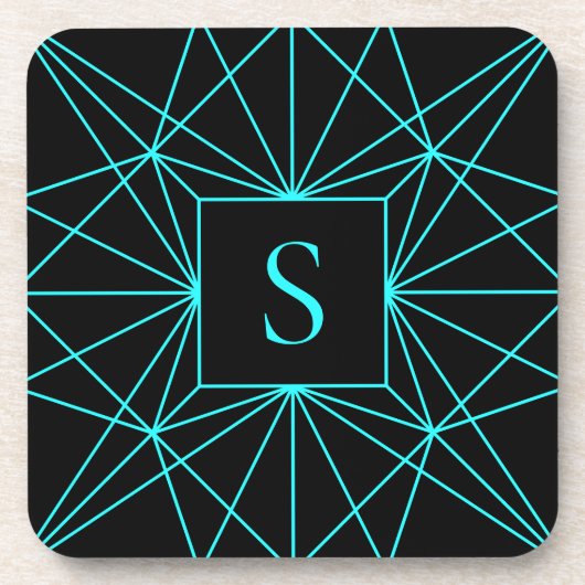 イニシャルモノグラム |ターコイズ幾何学的デザイン コースター (正面)