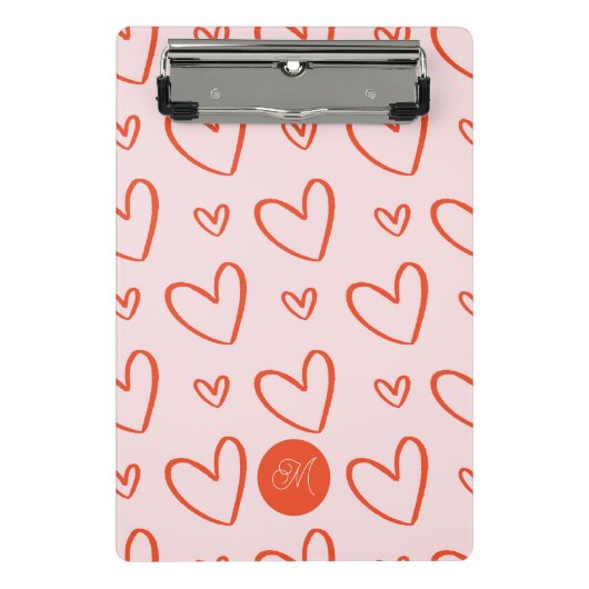 イニシャルモノグラム – ピンク&赤いハート ミニクリップボード (正面)