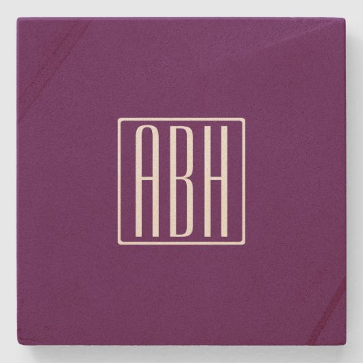 イニシャルモノグラム |ホワイトオン深い紫 ストーンコースター (正面)