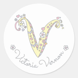 イニシャルモノグラムV名前をカスタムするID名スタンプ ラウンドシール
