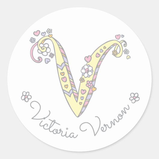 イニシャルモノグラムV名前をカスタムするID名スタンプ ラウンドシール (正面)