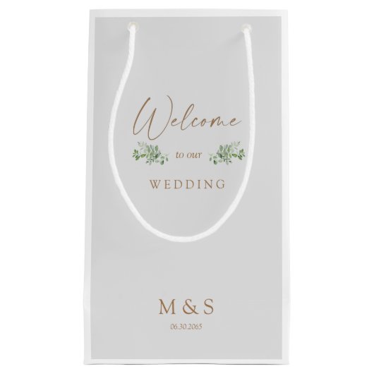 イニシャルユーカリ結婚式の引き出物グレイ&金ゴールド スモールペーパーバッグ (正面)