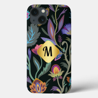 イニシャルラグジュアリーブラックフラワーパターンゴールデン縁ど iPhone 13ケース