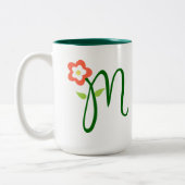 イニシャルレターグリーンモノグラム、オレンジフラワー ツートーンマグカップ (左)