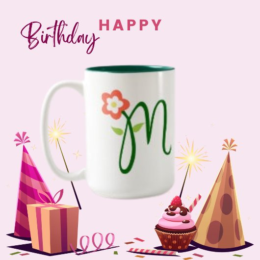 イニシャルレターグリーンモノグラム、オレンジフラワー ツートーンマグカップ