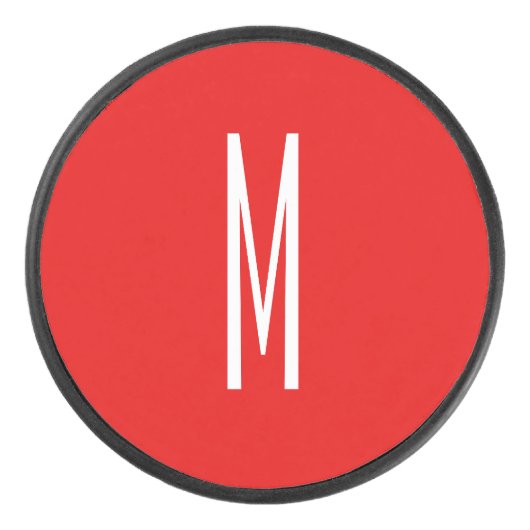 イニシャルレターモノグラムモダンスタイル赤白 アイスホッケーパック (正面)