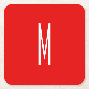 イニシャルレターモノグラムモダンスタイル赤白 スクエアペーパーコースター