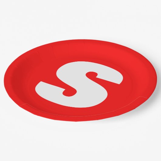 イニシャルレターモノグラムモダンスタイル赤白 ペーパープレート (アングル)