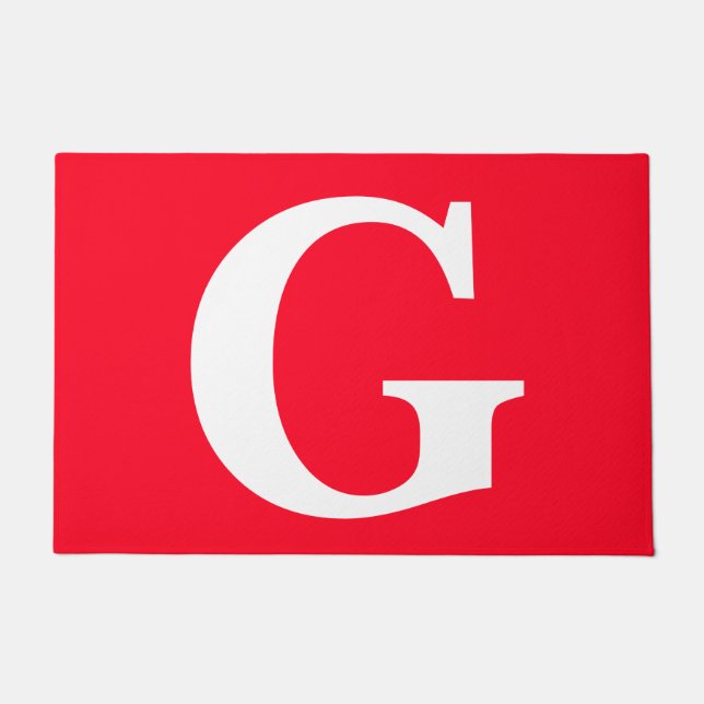 イニシャルレターモノグラムレッドホワイトプレーンシンプル ドアマット (正面)