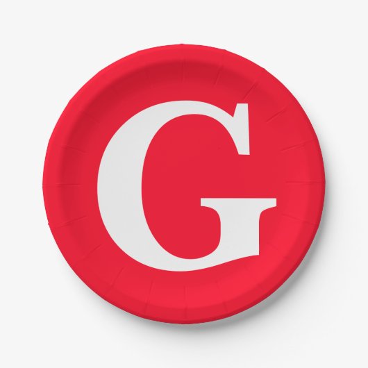 イニシャルレターモノグラムレッドホワイトプレーンシンプル ペーパープレート (正面)