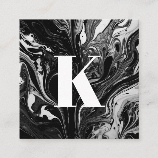 イニシャルレターモノグラム白黒インクマーブル スクエア名刺 (正面)