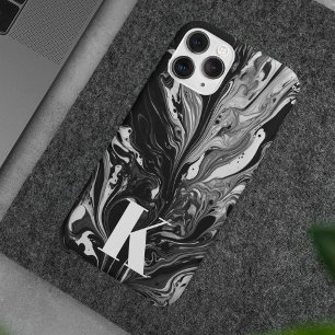 イニシャルレターモノグラム白黒インクマーブル iPhone 15 PRO MAXケース