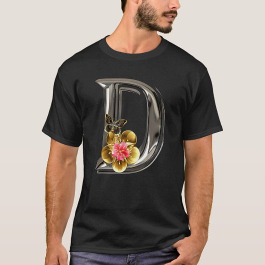 イニシャルレターDモノグラムピンク桜花お尻 Tシャツ (正面)
