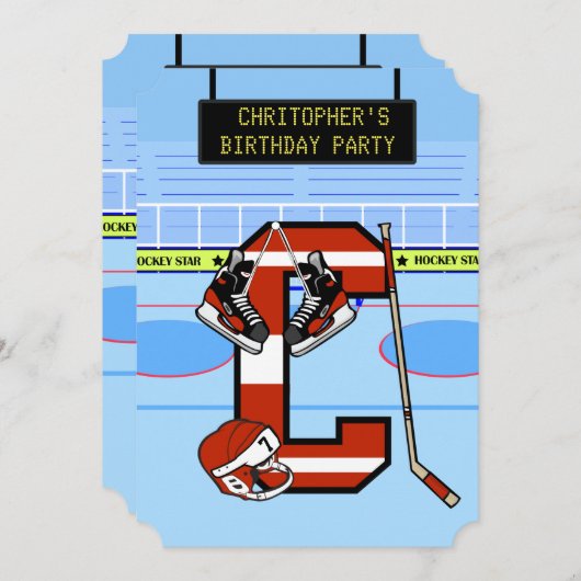 イニシャルレパーソナライズされたターCアイスホッケー 招待状 (正面/裏面)