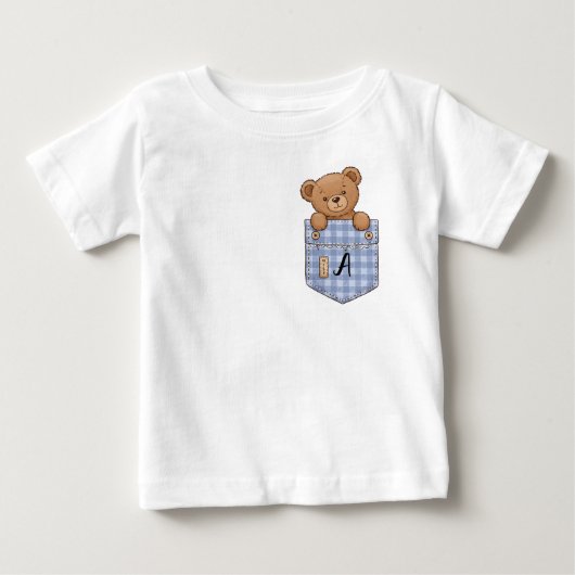 イニシャル付きポケットから顔を出す可愛い熊 ベビーTシャツ (正面)