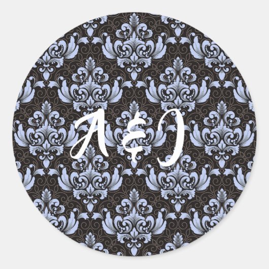 イニシャル付き青いダマスクラベル ラウンドシール (正面)