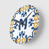 イニシャル付き💛 💙青と黄色のアズレホス ラウンド壁時計 (傾斜)