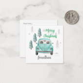 イニシャル入りのかわいいクリスマスツリーと青い車 ノートカード (正面/裏面インサイチュ)