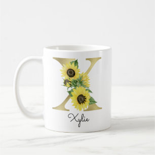 イニシャル入りのゴールドのひまわり花柄 X コーヒーマグカップ