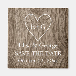 イニシャル入りのハート型木目調の結婚式「Save the Date」カード マグネット