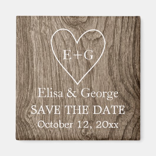 イニシャル入りのハート型木目調の結婚式「Save the Date」カード マグネット (正面)