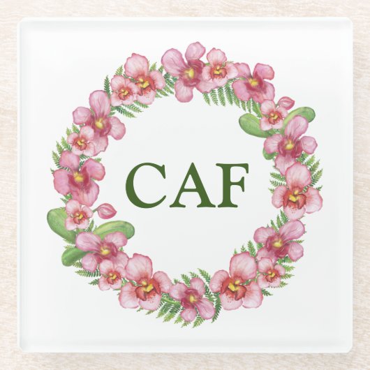イニシャル入りのピンクとグリーンの花輪 ガラスコースター (正面)