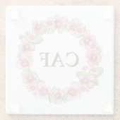 イニシャル入りのピンクとグリーンの花輪 ガラスコースター (裏面)