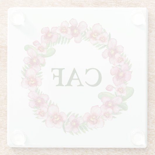 イニシャル入りのピンクとグリーンの花輪 ガラスコースター (裏面)